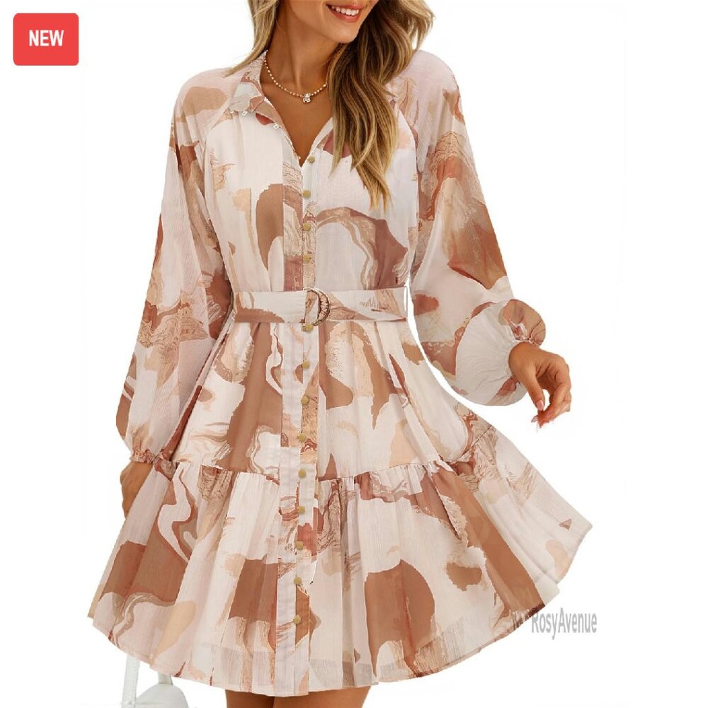 Long Sleeve Chiffon Mini Dress Button Front A-Line Swing